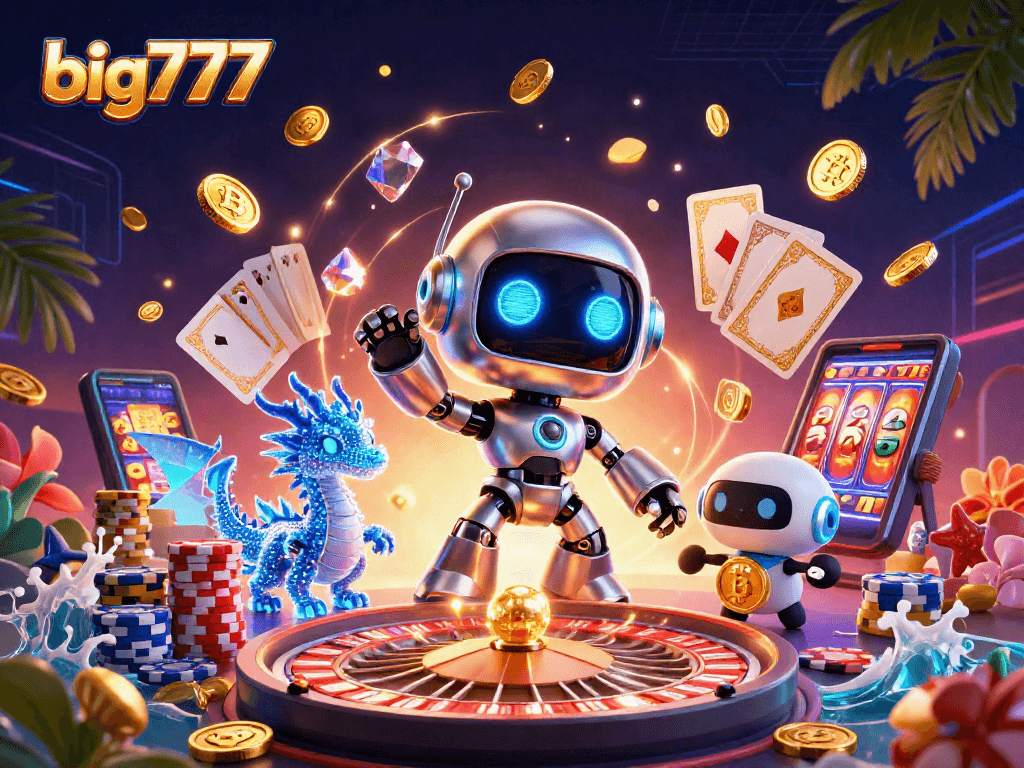Experience excitement with big777 in a vibrant casino scene with robots and bonuses!
