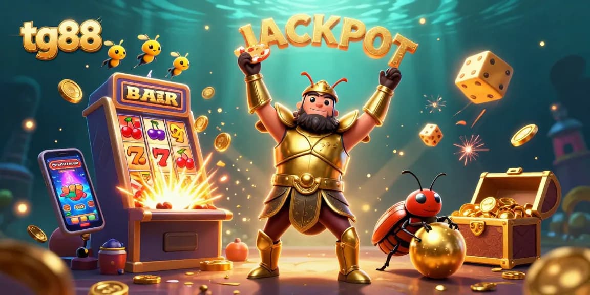 Join the tg88 jackpot with a heroic beetle celebrating a big win in this vibrant 3D casino scene.