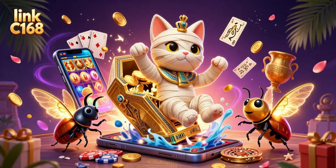 Win exciting jackpots at link C168 featuring an Egyptian mummy cat and slot games.