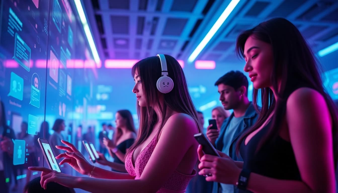 Engaging visual representation of sex chat AI with vibrant, futuristic characters conversing on digital screens.