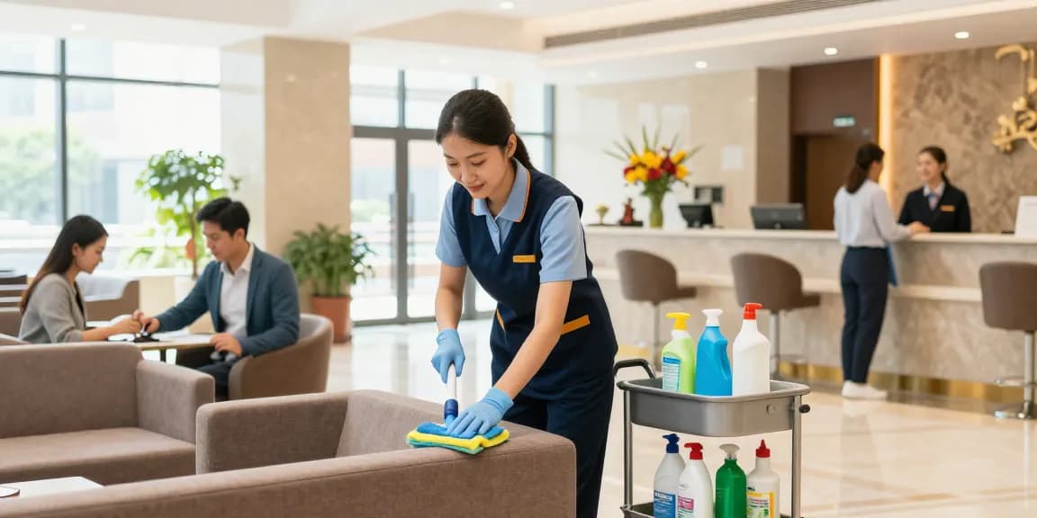 Professionelle Hotelreinigung Dortmund in einer einladenden Hotellobby mit engagiertem Reinigungspersonal.
