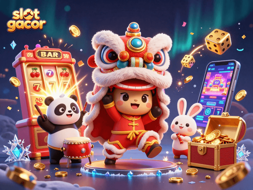 Experience the thrill of slot gacor games with vibrant characters and dynamic casino elements in this lively illustration.