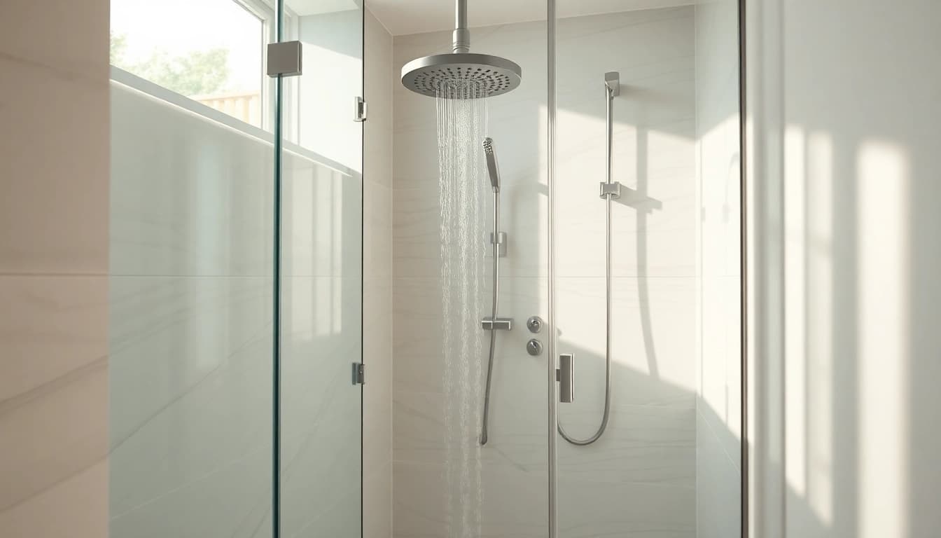 Sonni sanitär GmbH präsentiert hochwertige Duschwände in einem modernen Badezimmerarrangement.
