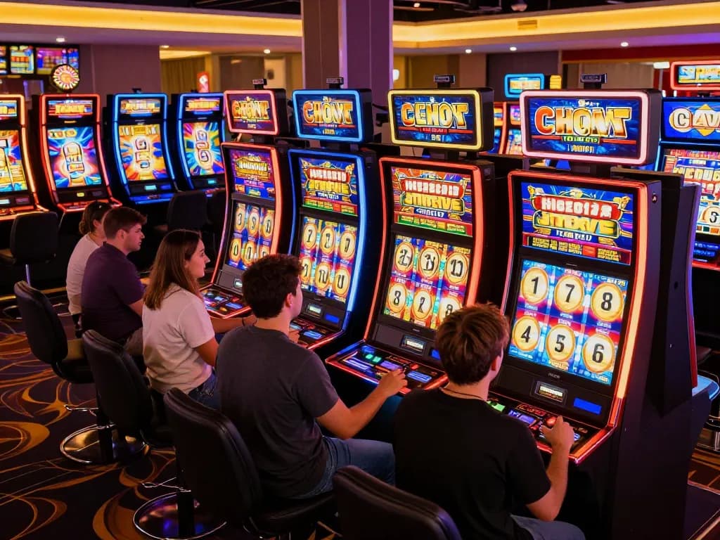 Players enjoying vibrant situs slot games with colorful machines in a lively casino atmosphere.