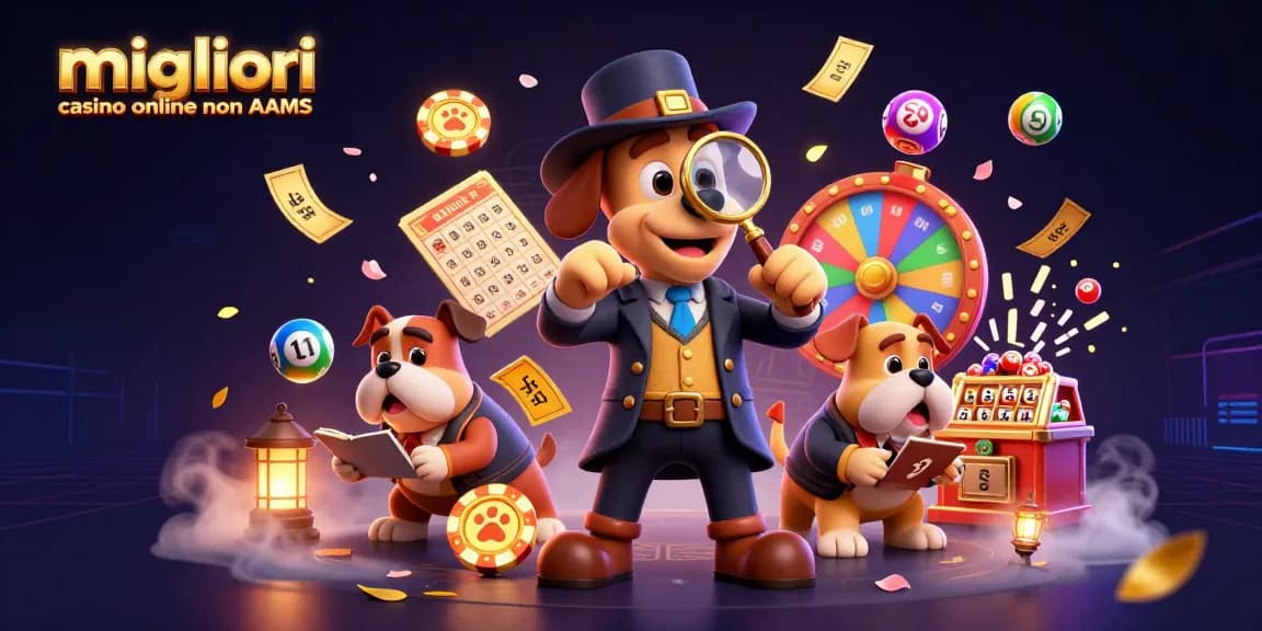Interagisci con la scena dei migliori casino online non AAMS, mostrando un detective e un compagno circondati da elementi di gioco vivaci.