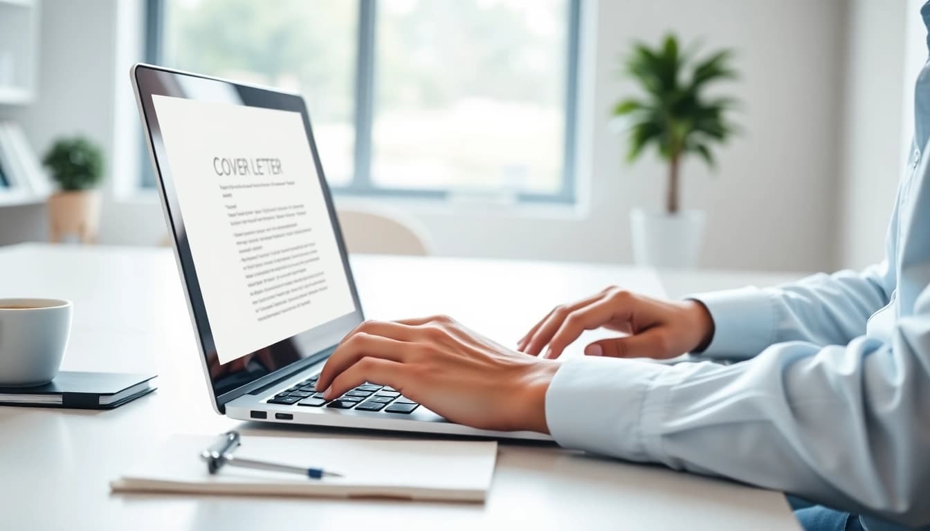 Crafting a Cover Letter on a laptop highlighting important key skills.