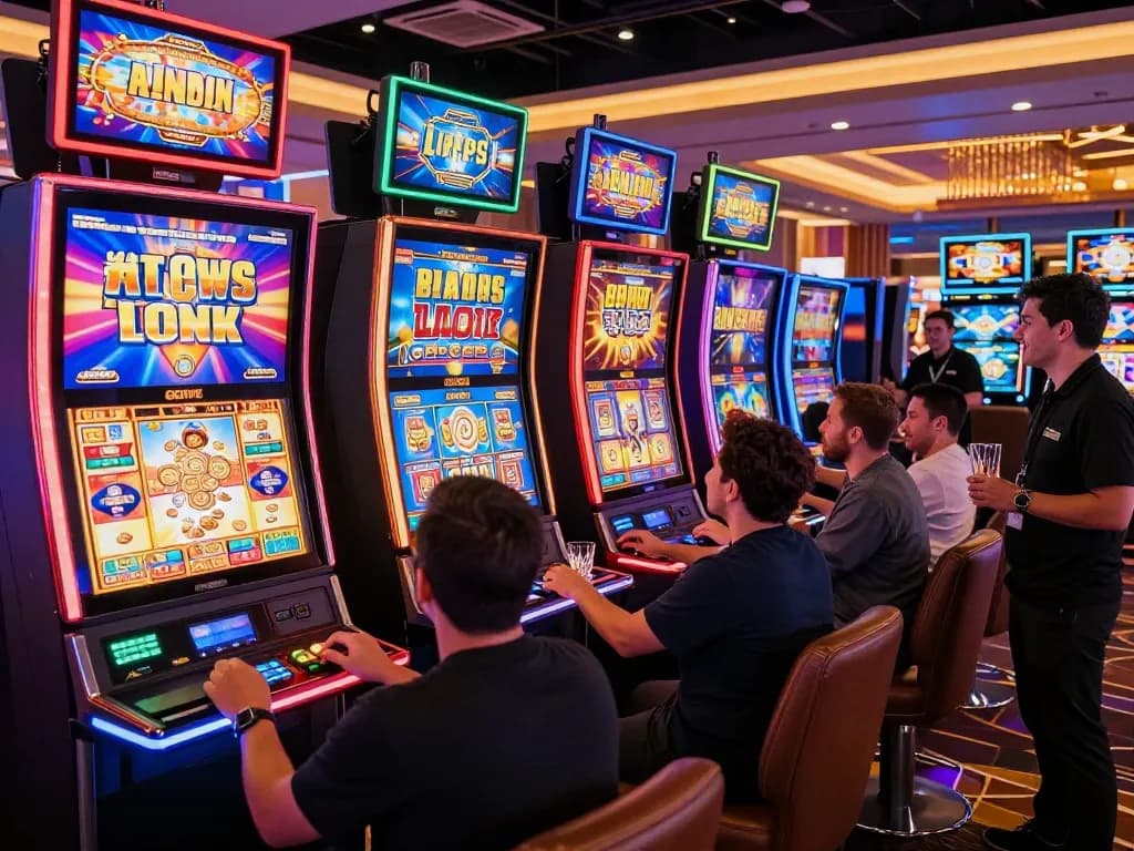 Pemain yang bersemangat menikmati mesin slot link di suasana kasino yang berwarna-warni.