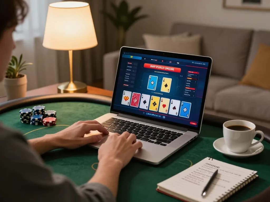 Suasana menarik permainan daftar poker online di rumah, menampilkan grafis yang cerah, laptop, dan catatan strategis.