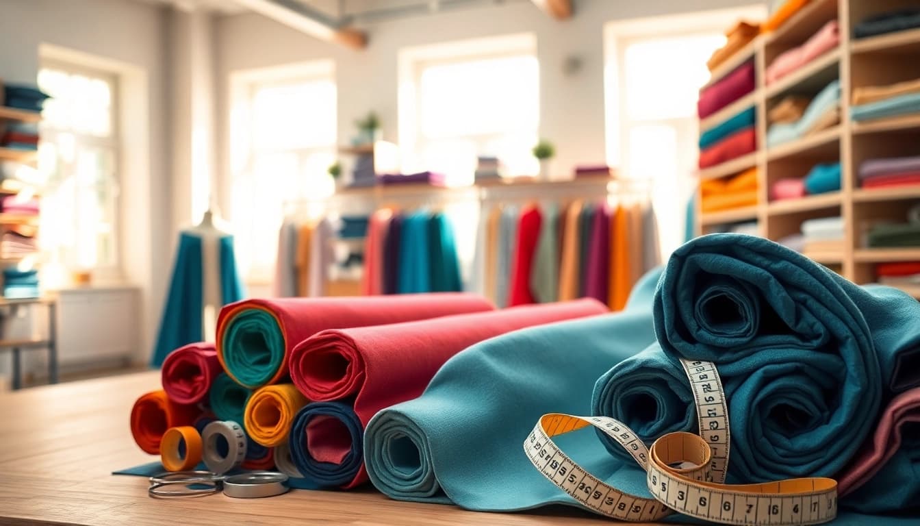 Kant stof voor kleding rollen in een stijlvolle naaiwerkplaats met kleurrijke stoffen.