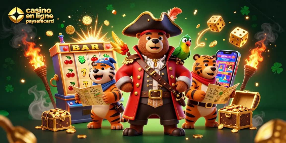 Profitez des jeux dans un casino en ligne paysafecard avec un ours pirate en illustration captivante.