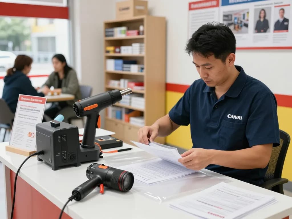 Address for Địa chỉ bóc ép plastic showcasing a technician using non-force technology for safe document handling.