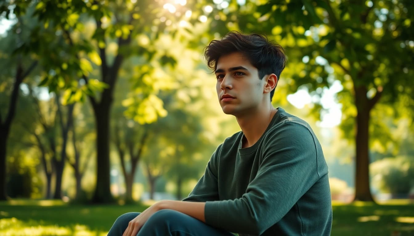 Person contemplating in a peaceful park, representing the internal struggle of depression symptoms.