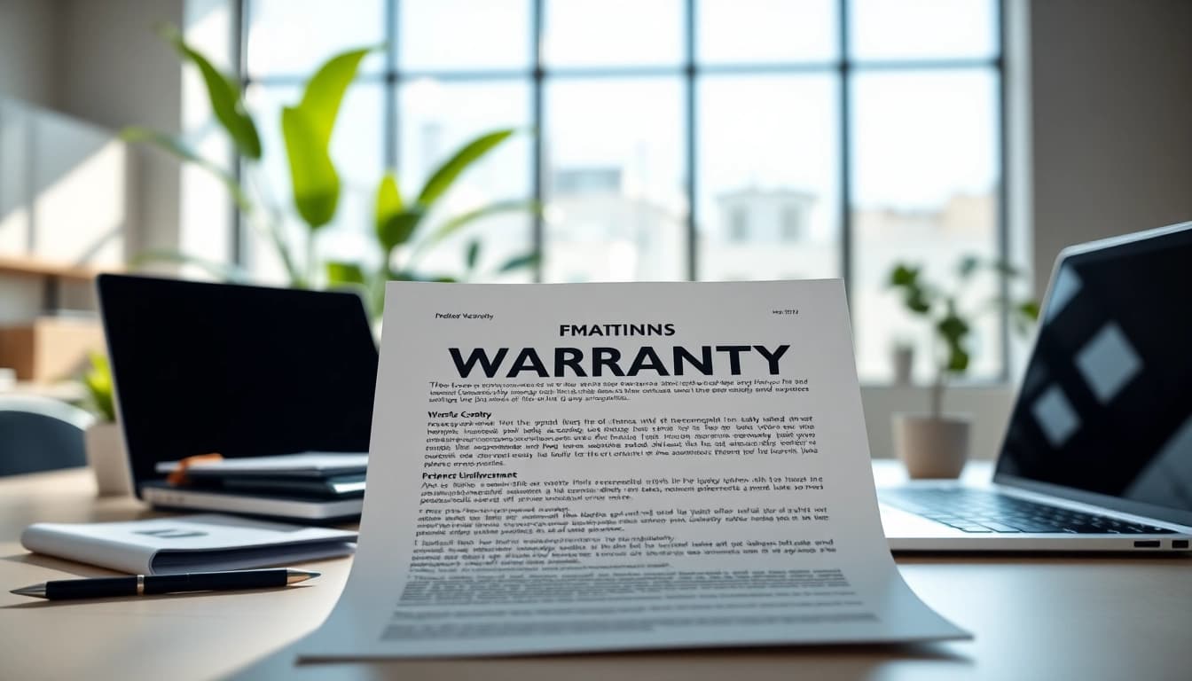 Highlighting transparent warranty coverage on a document in an elegant office environment.