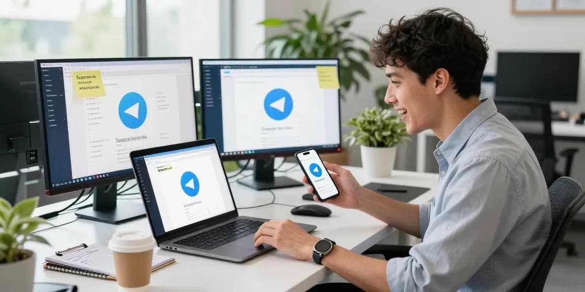 Engaging with the Telegram中文 app in a bright digital workspace, showcasing interactive features.