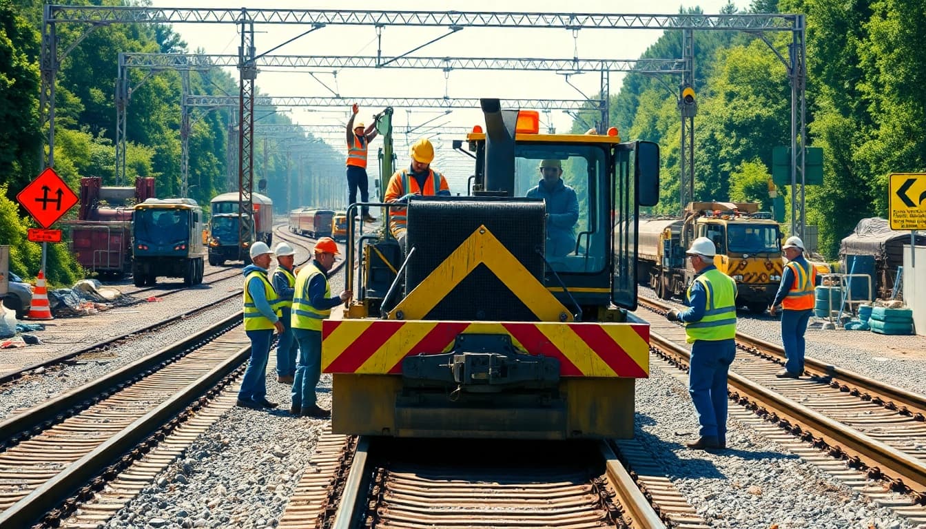 Railroad Contractors USA collaborating on a construction site with heavy machinery.