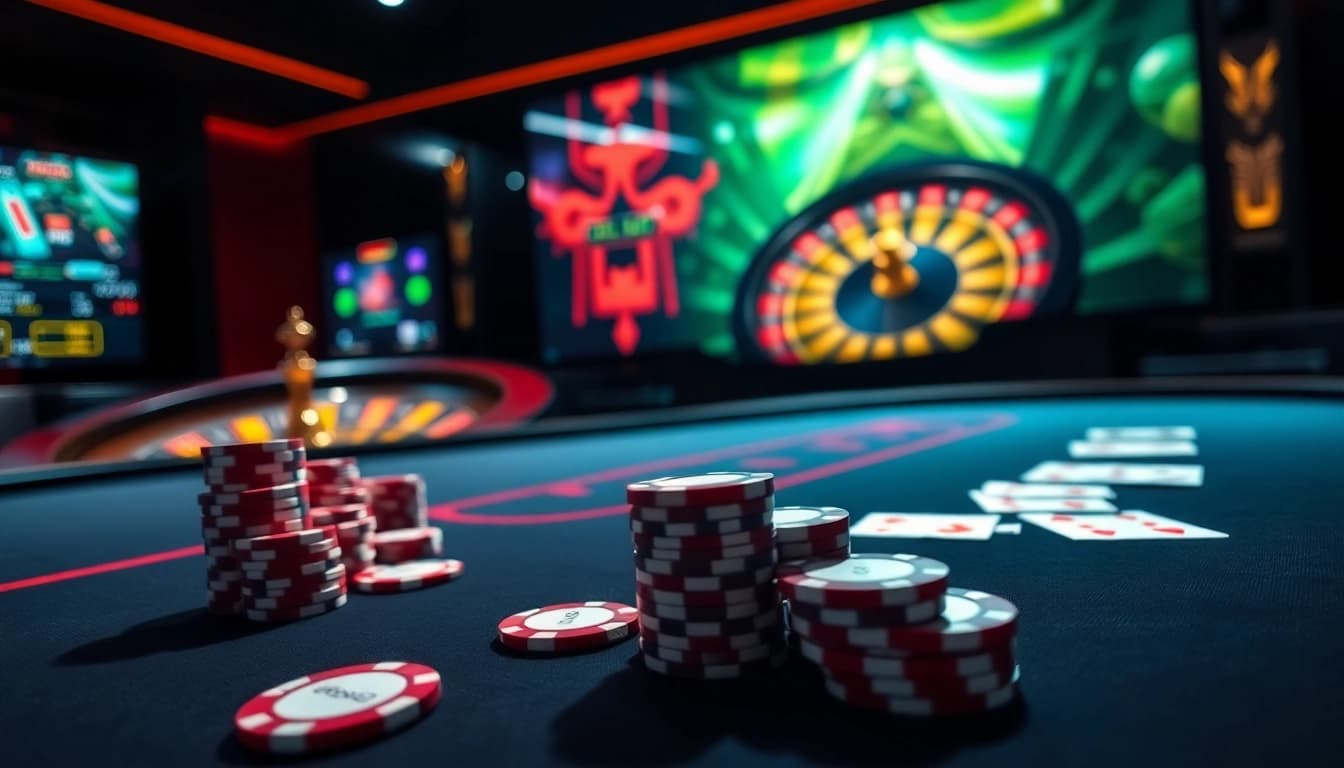 Une scène passionnante de jeu de poker virtuel mettant en valeur le casino en ligne argent réel France avec des couleurs vives et une excitation à enjeux élevés.