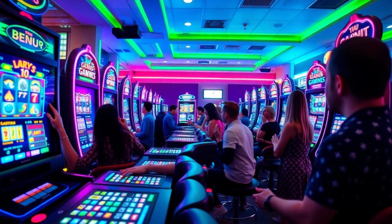 Situs kode4d vibrant online gaming environment with enthusiastic players at slot machines