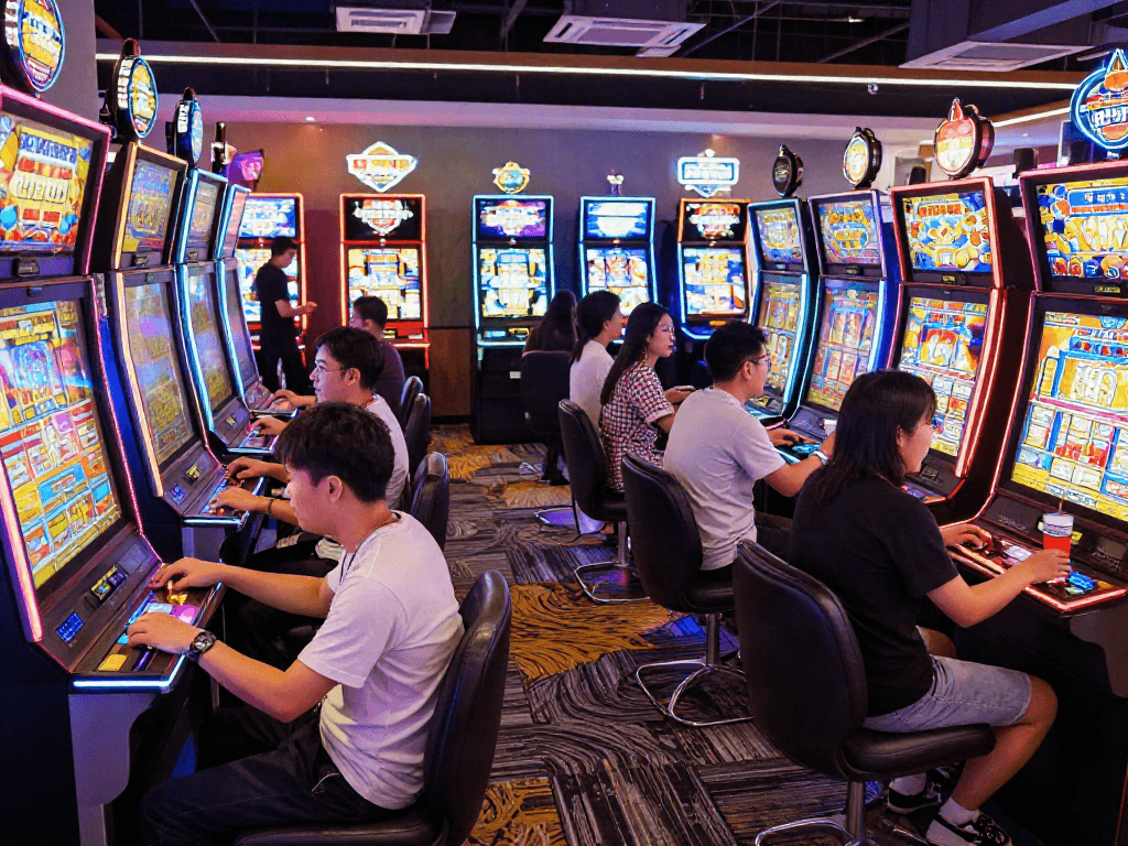 Players enjoying slot jepang machines in a vibrant casino atmosphere.