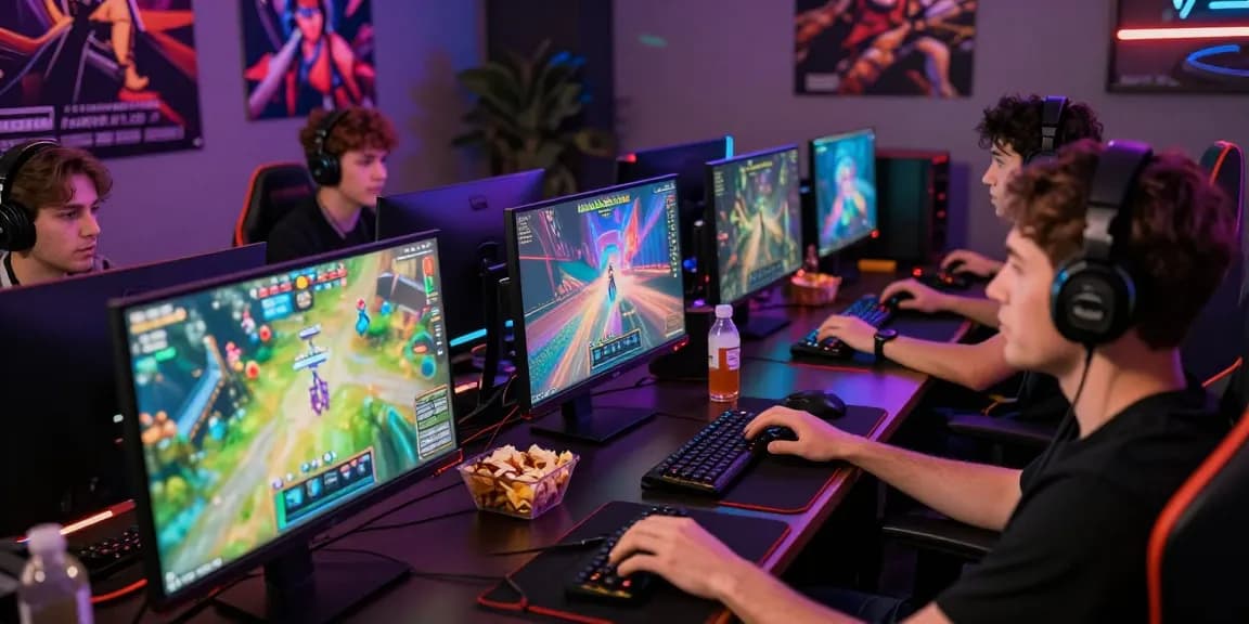 Engaging scene of gamers playing RTP NAGA2000 on multiple screens with snacks.