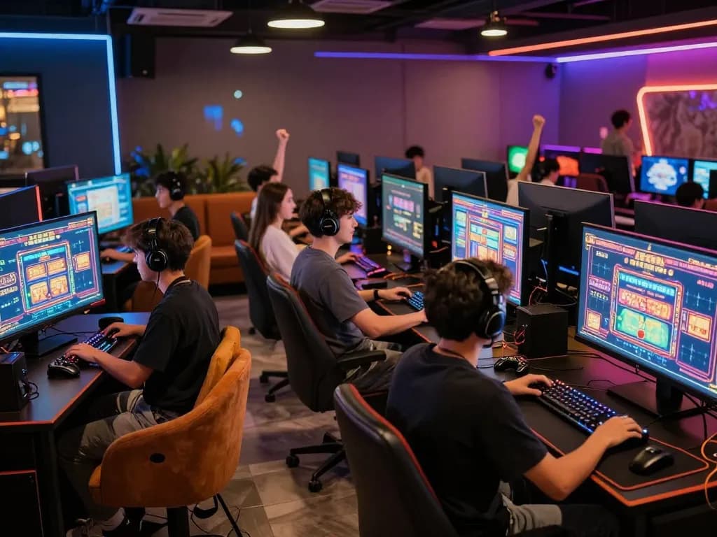 Exciting gaming lounge scene celebrating situs gacor with players focused on vibrant slot games, neon lights, and lively atmosphere.