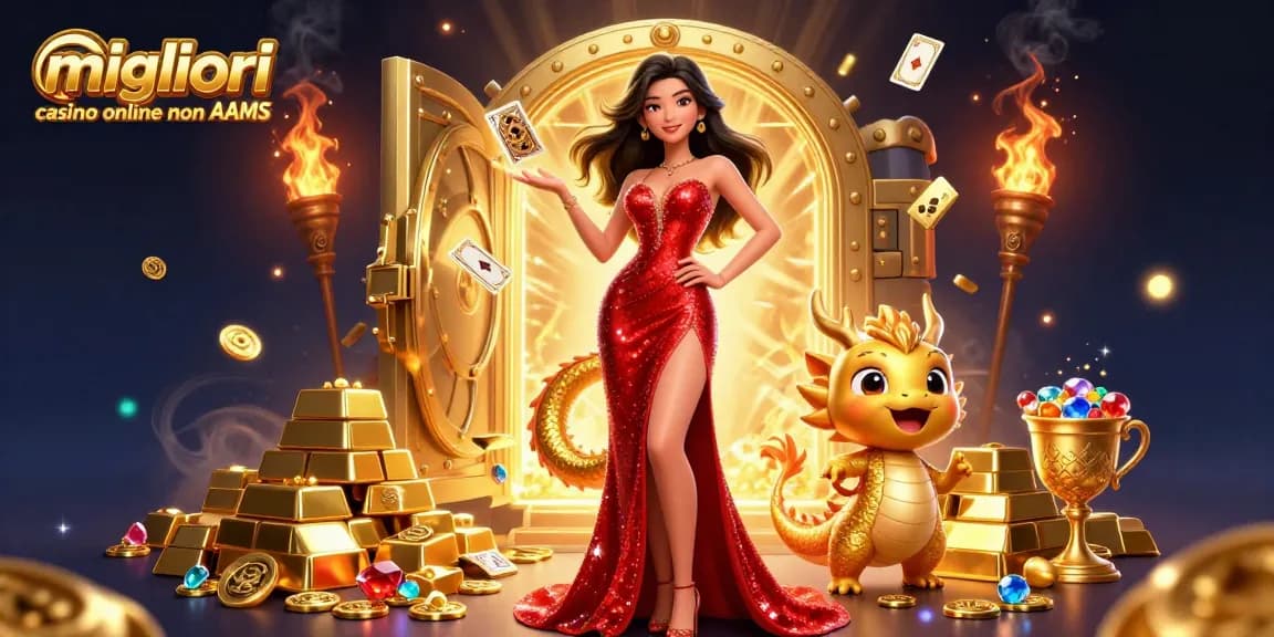 Giocando nei migliori casino online non AAMS, una donna sicura interagisce con una mascotte a forma di drago dorato tra le ricchezze.