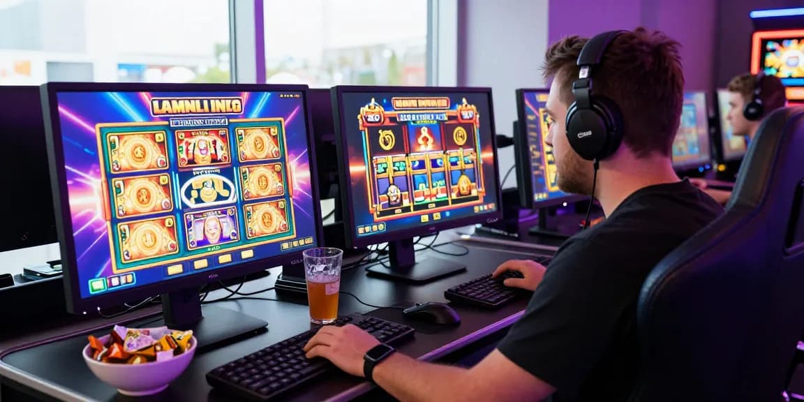 Engaging online slot gaming scene showcasing vibrant slot machine interface and modern gaming accessories.