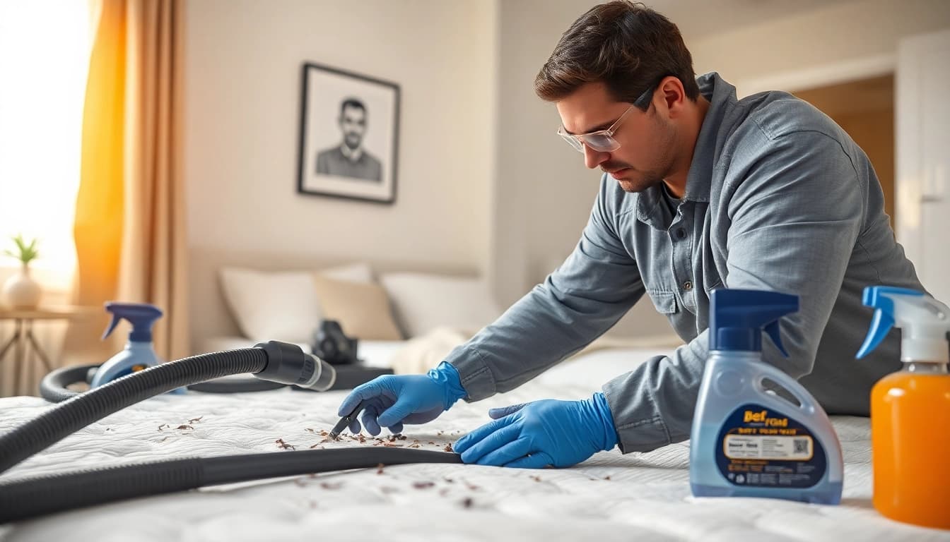 Inspecting bed bug services near me in a well-lit bedroom with a technician and tools.