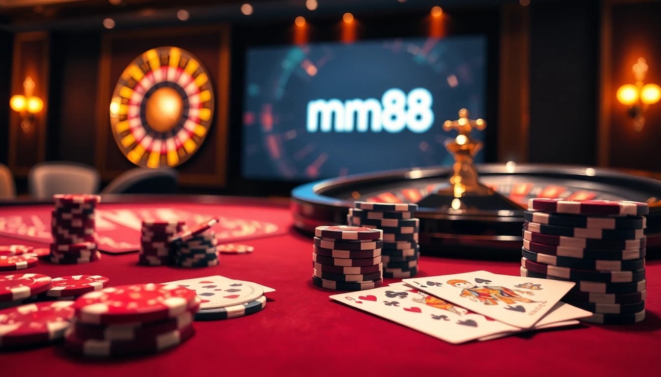 Experience excitement at mm88 with poker chips and a roulette wheel in a stunning casino setting.