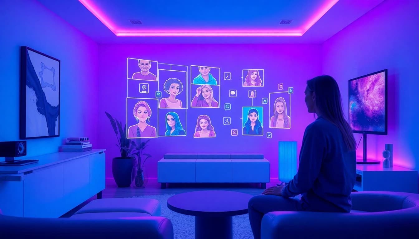 Engaging AI sex chat experience with vibrant ambiance and holographic displays