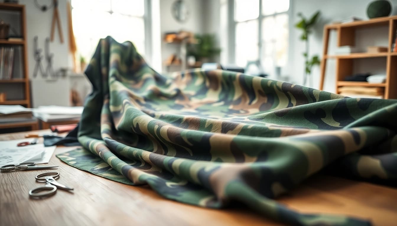 Ontdek unieke army print katoen stoffen in een creatieve omgeving.