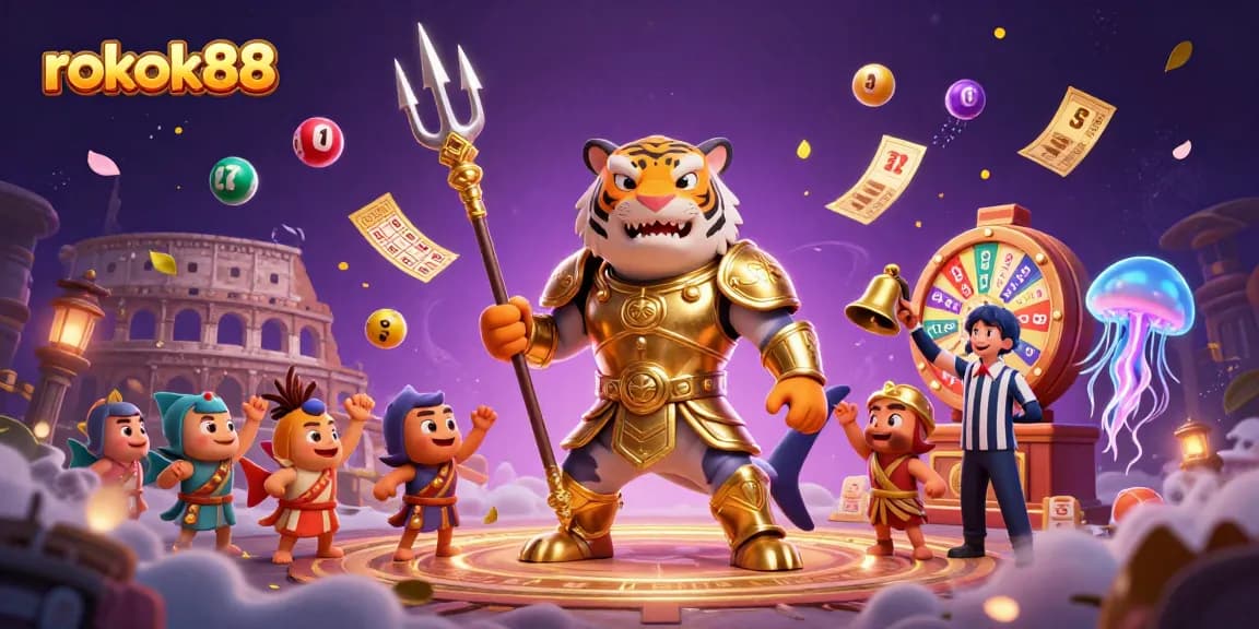 Engage with rokok88's thrilling lottery scene featuring whimsical characters, vibrant game elements, and energetic atmosphere.