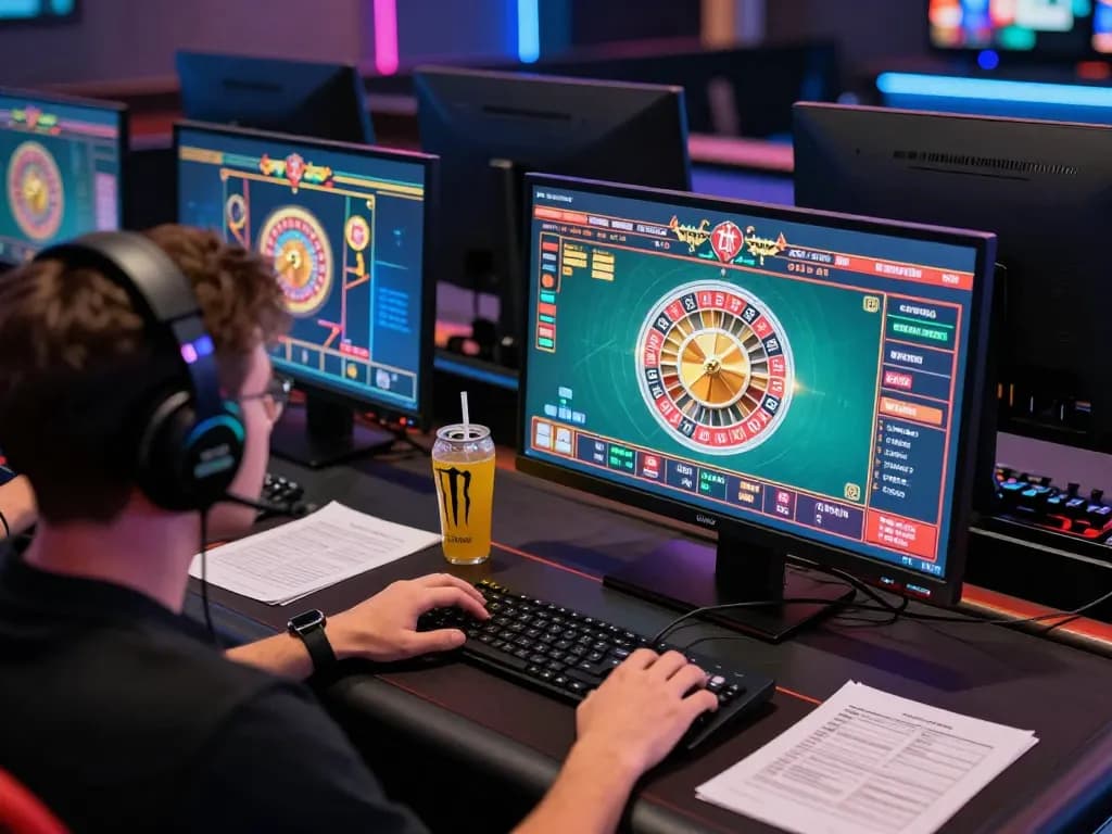 Engaging online casinos in Canada reddit gaming experience with a person focused on multiple screens showcasing roulette and poker