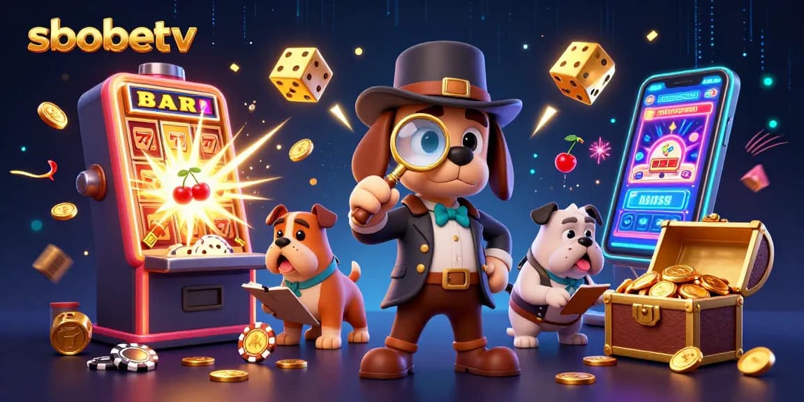 Engage with sbobetv for top casino action, uncovering poker chips and slot wins in a colorful scene.