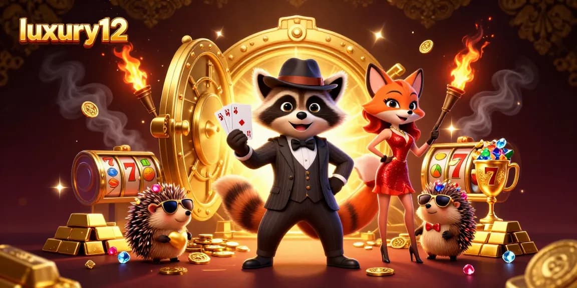 Engage with luxury12 as the suave raccoon holds a royal flush amidst wealth and vibrant casino elements.