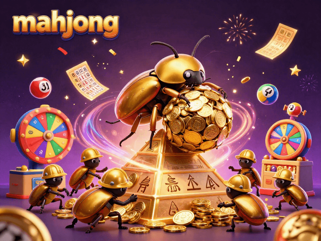 Experience exciting mahjong action with golden beetles in a vibrant casino scene.