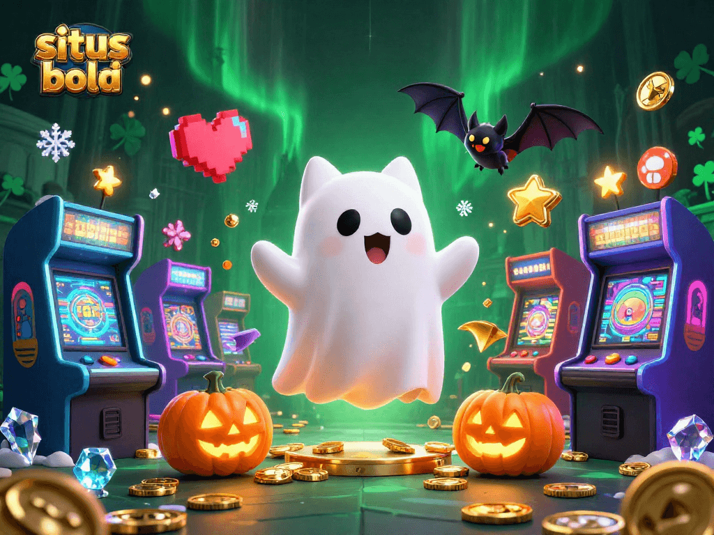 Experience situs judi bola excitement with a ghost cat and vampire bat in a vibrant haunted casino.