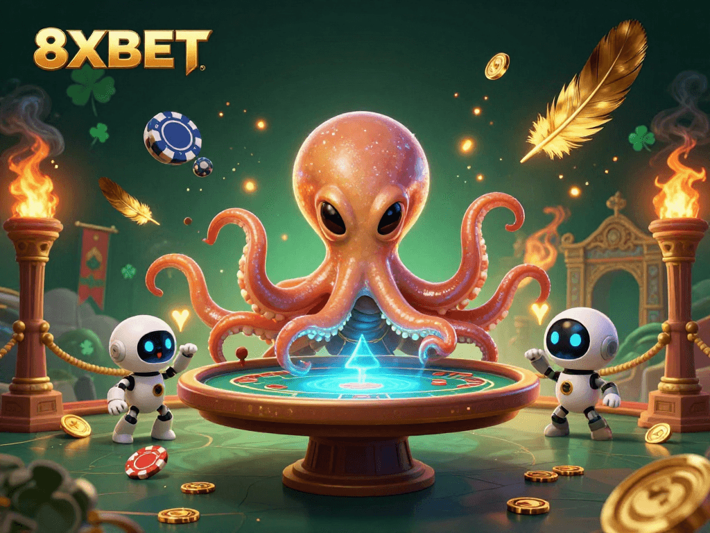 Engage in thrilling poker action with 8XBET, where an excited alien octopus hosts the game.