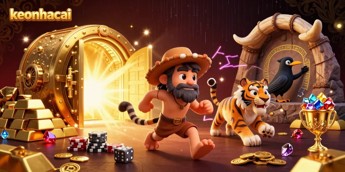 Experience keonhacai excitement with a lively prehistoric casino scene featuring characters and sparkling treasures.
