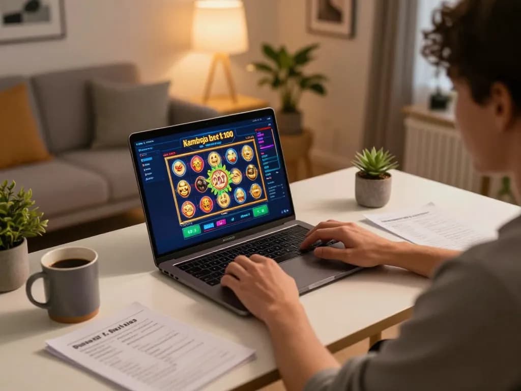 Engaged in slot kamboja bet 100 gameplay on a laptop in a cozy home setting.