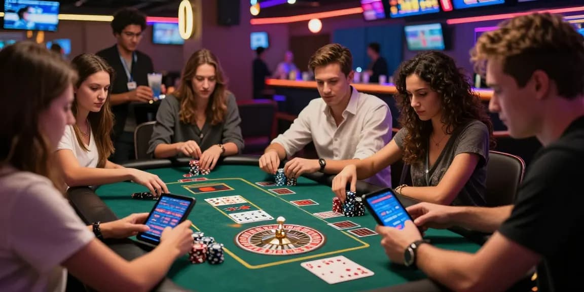 Engaging social gaming scene showcasing rokok88 alternatif with friends at a modern casino.