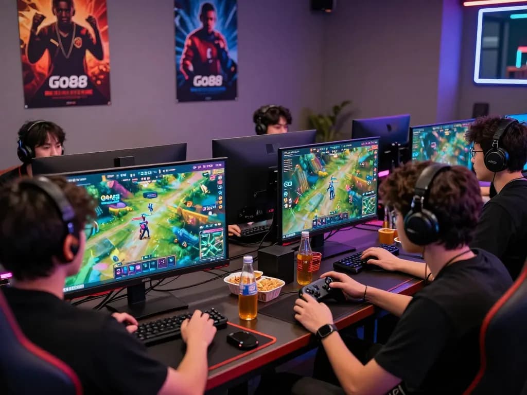 Go88 gaming enthusiasts enjoying multiplayer experience at a vibrant setup