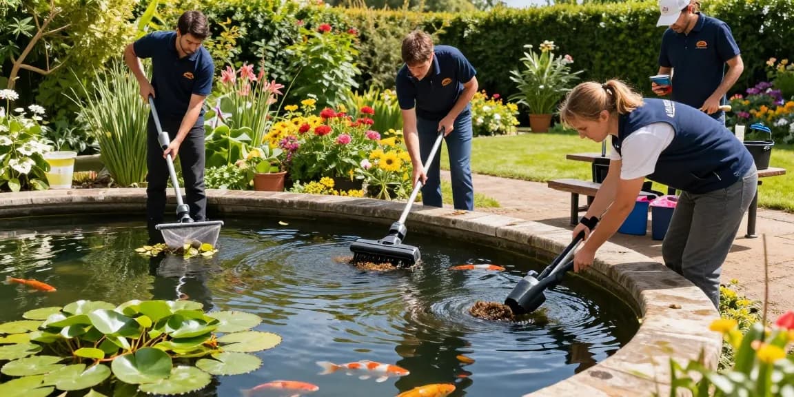 Professional Pond Cleaning Surrey service team cleaning a residential pond in sunny garden.