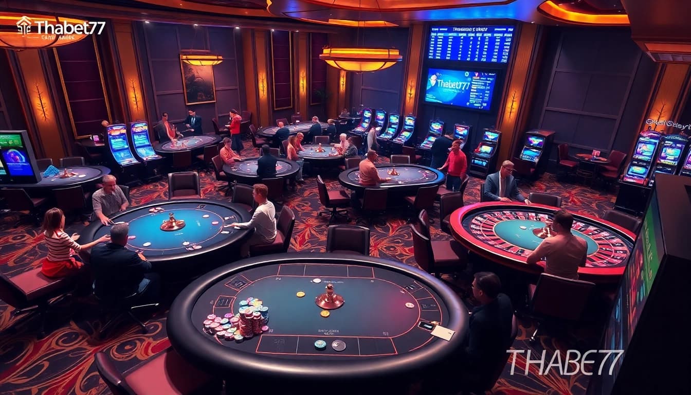 Engage in thrilling gaming moments at Thabet77 casino with vibrant tables and players enjoying their wins.