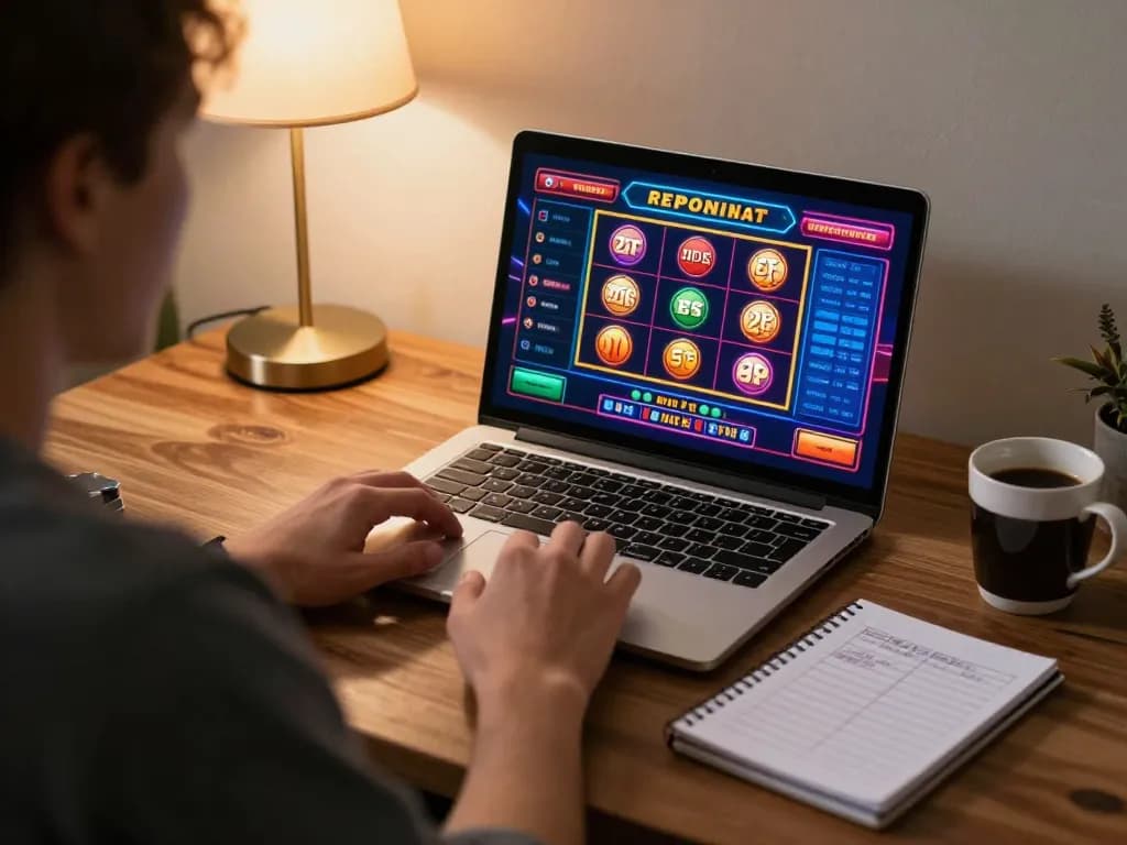 Player engaging in a strategic online toto game, showcasing winning gameplay on their laptop in a cozy home setting.