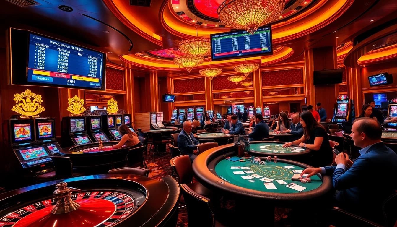 Atmosphère excitante d'un casino en ligne argent réel France avec des roues de roulette et des tables de poker.