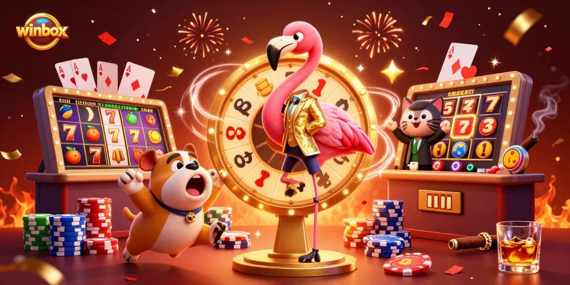 Winbox casino illustration showcasing a lively game show scene with spinning slot reels and vibrant gaming elements.