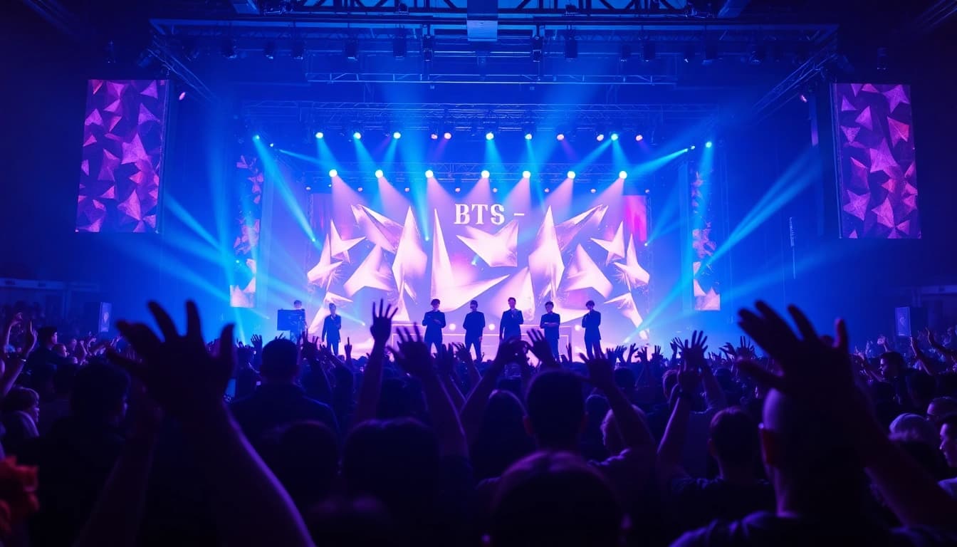 BTS news showcasing an electrifying concert scene with vibrant performances and excited fans.