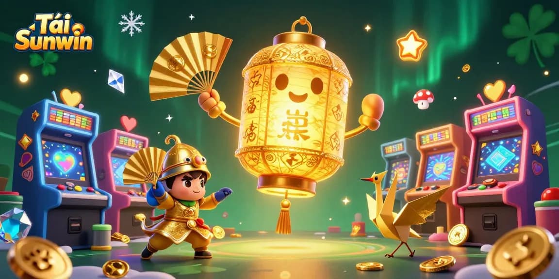 Tải Sunwin brings the excitement of gaming with a vibrant scene featuring a glowing golden lantern spirit and arcade elements.