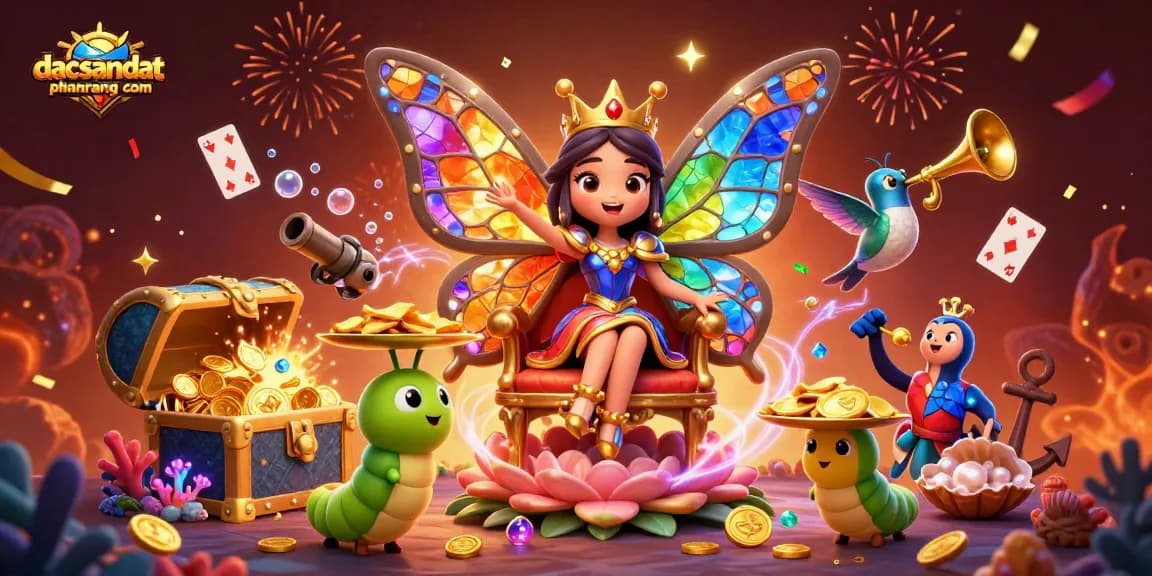 Engage with dacsandatphanrang com's vibrant casino experience adorned by a butterfly queen and celebratory elements.