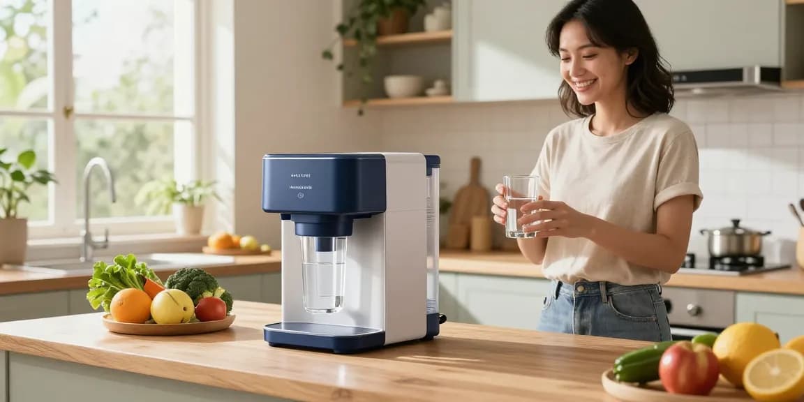 AQUA CREST Magnesium Water Filter providing clean water in a bright kitchen.